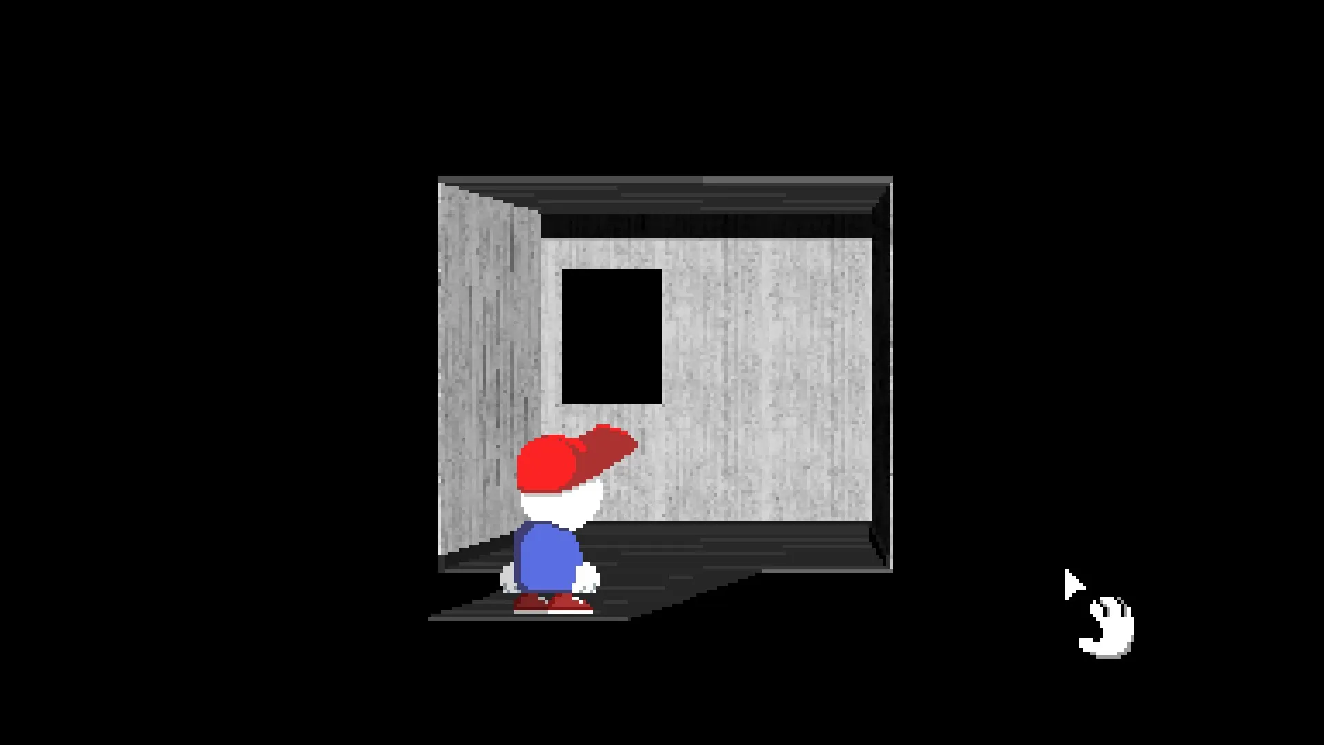 Melo inside the grey windowed secret room