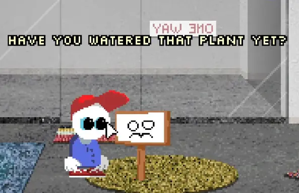 Melo watering the founder's plant with the transparent mug
