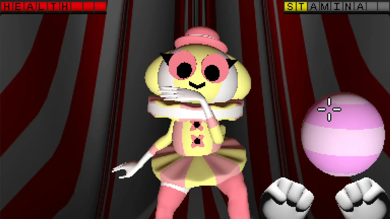 A clown encounter in Endacopia's Misery Town area