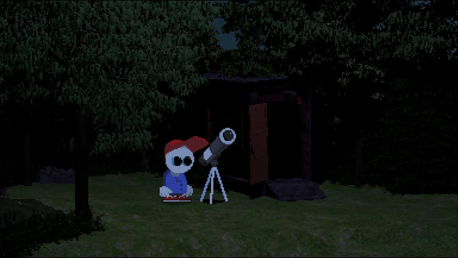 Mellow using a telescope at night in Endacopia