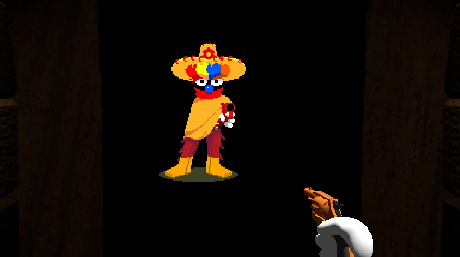 A clown encounter in Endacopia's Misery Town area